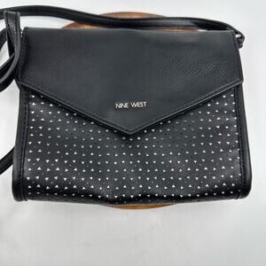 Nine West Flap Envelope Crossbody Bag Shoulder Bag Purse Leather Black Womens OS